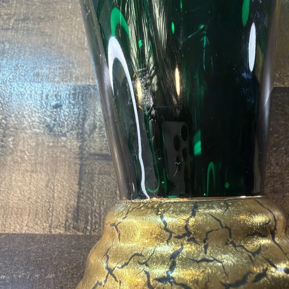 Cristallerie Emerald Green Glass Trumpet Vase Gilded Pedestal Base Vtg Italy 11